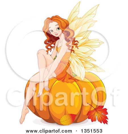 Clipart of a Beautiful Female Autumn Fairy Sitting on a Pumpkin over Autumn Leaves - Royalty Free Vector Illustration by Pushkin