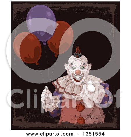 Clipart of a Creepy Halloween Clown Pointing at the Viewer and Holding Party Balloons over Dark Grunge - Royalty Free Vector Illustration by Pushkin