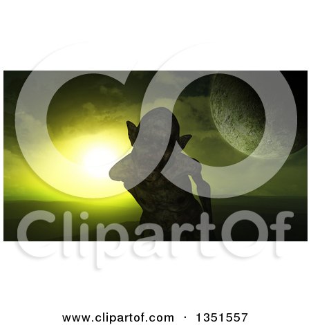 Clipart of a 3d Evil Zombie or Demon over a Green Sky and Fictional Planet - Royalty Free Illustration by KJ Pargeter