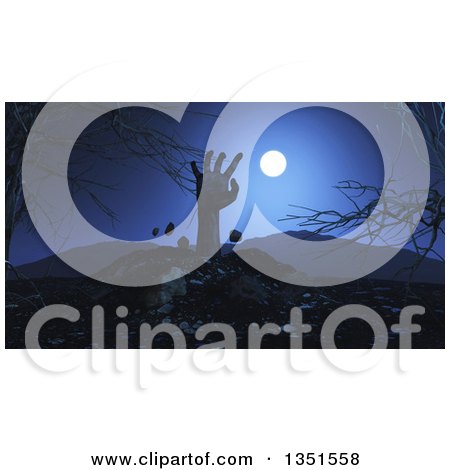 Clipart of a 3d Zombie Hand Rising from a Grave, Against Bare Branches and a Full Moon - Royalty Free Illustration by KJ Pargeter