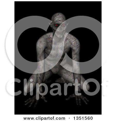 Clipart of a 3d Demon or Zombie Crouching, with Red Glowing Eyes - Royalty Free Illustration by KJ Pargeter