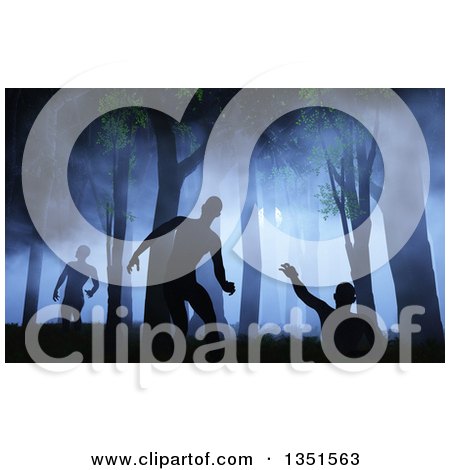 Clipart of a Background of 3d Silhouetted Zombies Wandering and Rising in a Dark Misty Forest with Moon Light - Royalty Free Illustration by KJ Pargeter