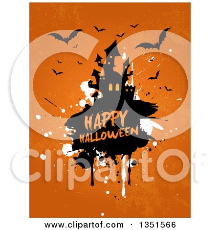 Clipart of a Haunted Castle on Grunge with Happy Halloween Text and Flying Bats on Orange - Royalty Free Vector Illustration by KJ Pargeter
