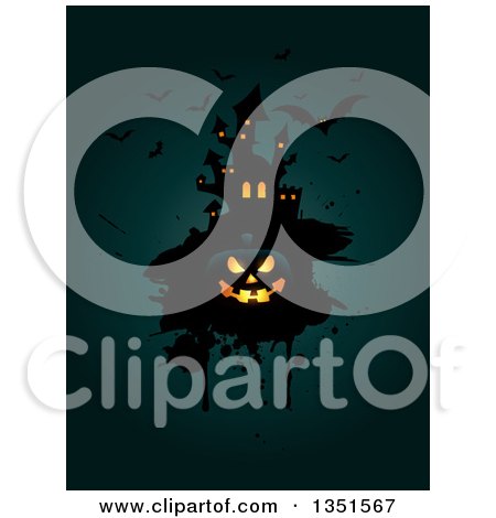 Clipart of a Haunted Castle on Grunge with a Glowing Halloween Jackolantern Pumpkin and Flying Bats on Teal - Royalty Free Vector Illustration by KJ Pargeter