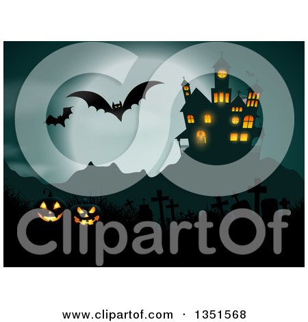 Haunted Hause with Glowing Halloween Jackolantern Pumpkins, a Cemetery, Flying Bats and a Full Moon Posters, Art Prints