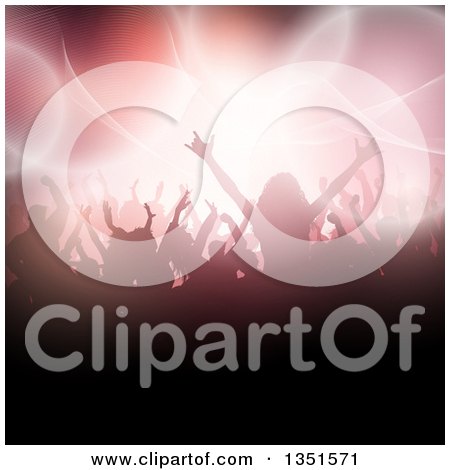 Clipart of a Silhouetted Crowd of Dancers over Lights and Flares - Royalty Free Vector Illustration by KJ Pargeter