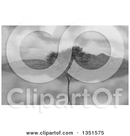 Clipart of a 3d Grayscale Tree and Hills over a Still River or Lake with Clouds - Royalty Free Illustration by KJ Pargeter