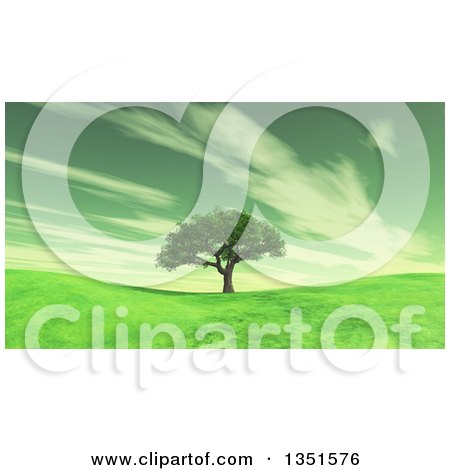 Clipart of a 3d Tree and Hills with Clouds in Gray Tones - Royalty Free Illustration by KJ Pargeter