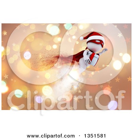 Clipart of a 3d White Super Hero Santa Man Flying with a Christmas Gift over Stars and Bokeh - Royalty Free Illustration by KJ Pargeter