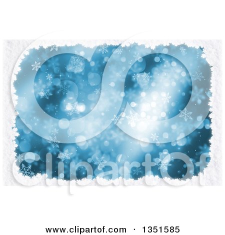 Clipart of a Christmas Winter Background of Snowflakes and Bokeh Flares on Blue, with a Snow Border - Royalty Free Illustration by KJ Pargeter