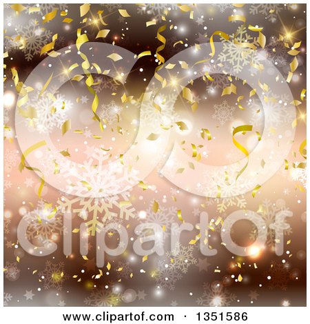 Clipart of a Background of Falling Gold Confetti over Blur, Snowflakes and Flares - Royalty Free Vector Illustration by KJ Pargeter