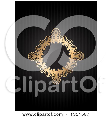 Clipart of a Golden Floral Diamond Frame with a Shiny Center over Black Stripes - Royalty Free Vector Illustration by KJ Pargeter