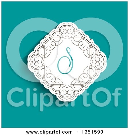 Clipart of a White Diamond with Retro Swirls and a Letter S Monogram over Turquoise - Royalty Free Vector Illustration by KJ Pargeter