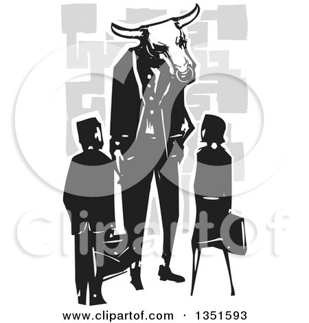 Clipart of a Rear View of a Black and White Woodcut Business Man and Woman Speaking with a Bull Minotaur Boss over Gray Designs - Royalty Free Vector Illustration by xunantunich