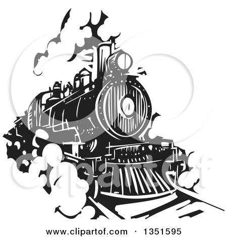 Clipart of a Black and White Woodcut Locomotive Train on a Rail Road - Royalty Free Vector Illustration by xunantunich