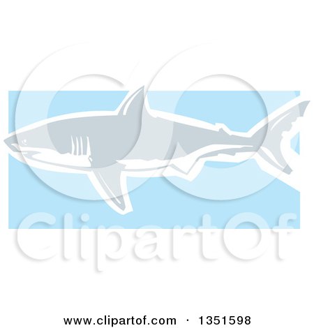 Clipart of a Blue Gray and White Woodcut Swimming Great White Shark - Royalty Free Vector Illustration by xunantunich