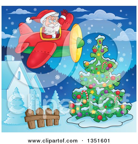Clipart of a Cartoon Christmas Santa Claus Waving and Flying an Airplane over Houses and an Outdoor Christmas Tree at Night - Royalty Free Vector Illustration by visekart