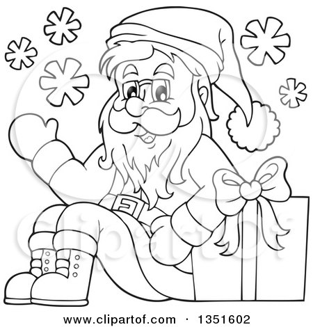 Clipart of a Cartoon Black and White Christmas Santa Claus Waving and Sitting with a Gift - Royalty Free Vector Illustration by visekart