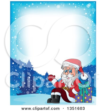 Clipart of a Cartoon Border of a Christmas Santa Claus Waving and Sitting with a Gift in the Snow - Royalty Free Vector Illustration by visekart