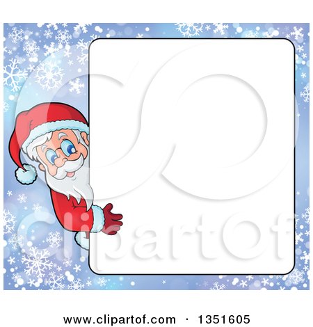 Clipart of a Cartoon Christmas Santa Claus Looking Around a Blank Sign over Snowflakes - Royalty Free Vector Illustration by visekart