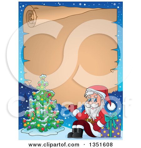 Clipart of a Cartoon Christmas Santa Claus Waving and Sitting with a Gift by a Christmas Tree in the Snow Against a Parchment Scroll - Royalty Free Vector Illustration by visekart
