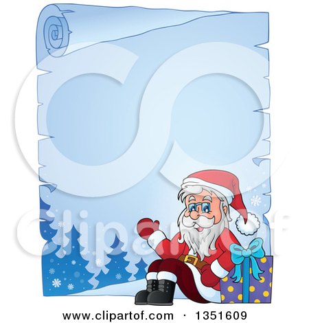 Clipart of a Cartoon Frozen Parchment Scroll Border of a Christmas Santa Claus Waving and Sitting with a Gift - Royalty Free Vector Illustration by visekart