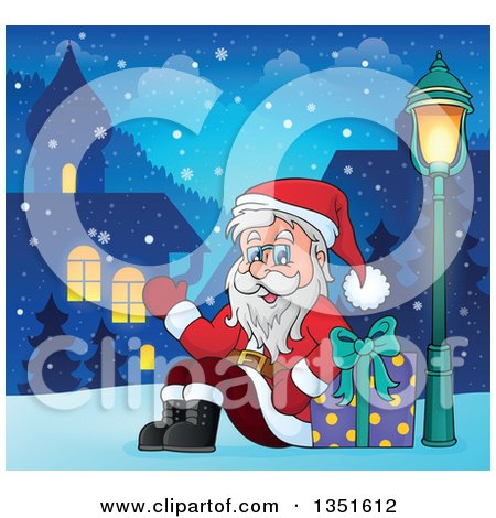 Clipart of a Cartoon Christmas Santa Claus Waving and Sitting with a Gift in a Village at Night - Royalty Free Vector Illustration by visekart