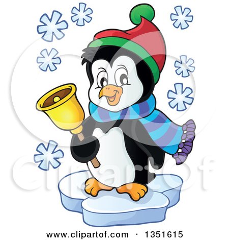 Clipart of a Cute Christmas Penguin Ringing a Bell and Floating on Ice - Royalty Free Vector Illustration by visekart