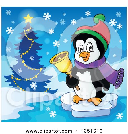 Clipart of a Cute Christmas Penguin Floating on Ice and Ringing a Bell by a Tree - Royalty Free Vector Illustration by visekart
