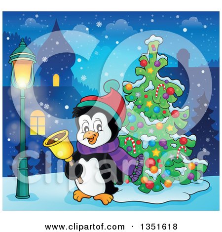 Clipart of a Cute Christmas Penguin Ringing a Bell by a Tree in a Village at Night - Royalty Free Vector Illustration by visekart