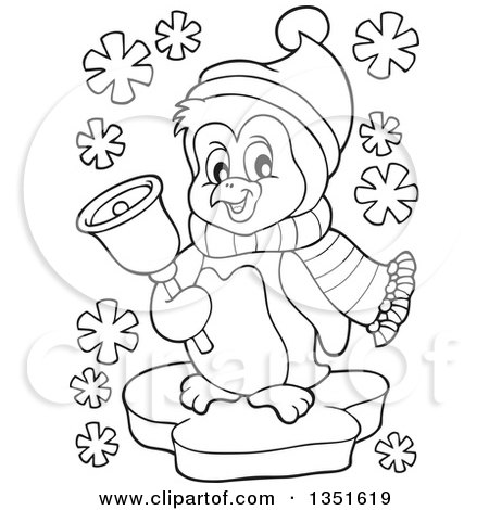 Clipart of a Black and White Cute Christmas Penguin Ringing a Bell - Royalty Free Vector Illustration by visekart