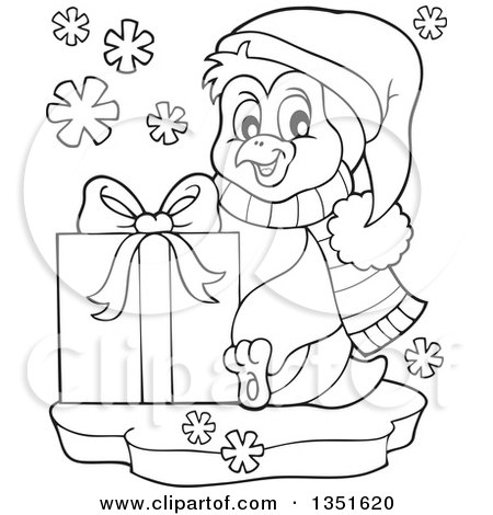 Clipart of a Cute Christmas Penguin Holding a Gift - Royalty Free Vector Illustration by visekart