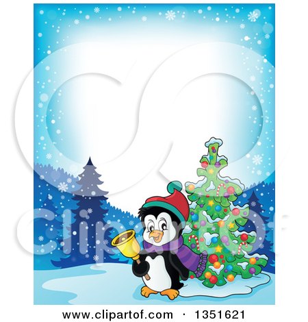 Clipart of a Border of a Cute Christmas Penguin Ringing a Bell by a Tree in the Snow - Royalty Free Vector Illustration by visekart