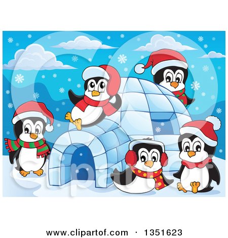 Clipart of Cute Christmas Penguins Wearing Santa Hats and Playing at an Igloo - Royalty Free Vector Illustration by visekart