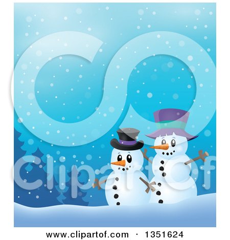 Clipart of Cartoon Friendly Christmas Snowmen Against a Snowy Landscape - Royalty Free Vector Illustration by visekart
