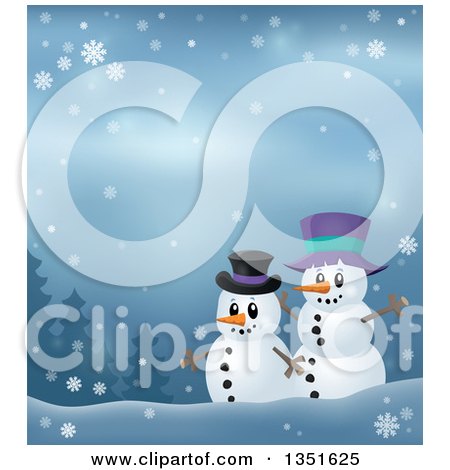 Clipart of Cartoon Friendly Christmas Snowmen Against a Winter Landscape - Royalty Free Vector Illustration by visekart