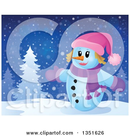 Clipart of a Cartoon Christmas Snow Woman Welcoming on a Snowy Night - Royalty Free Vector Illustration by visekart