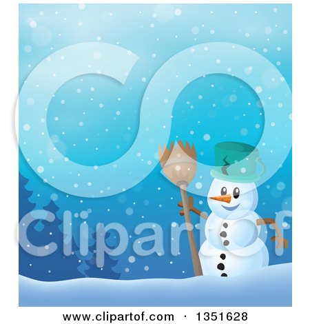 Clipart of a Cartoon Christmas Snowman Holding a Broom Against a Snowy Landscape - Royalty Free Vector Illustration by visekart