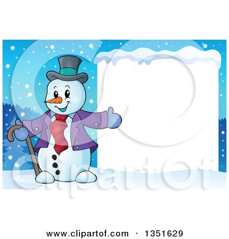 Clipart of a Cartoon Christmas Snowman Presenting a Blank Sign in the Snow - Royalty Free Vector Illustration by visekart