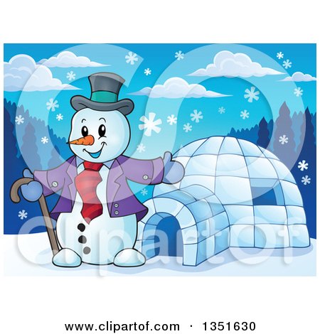 Clipart of a Cartoon Christmas Snowman Presenting an Igloo - Royalty Free Vector Illustration by visekart