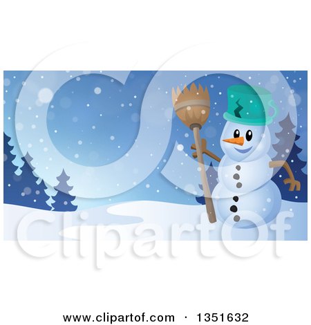 Clipart of a Cartoon Christmas Snowman Holding a Broom Against a Winter Landscape - Royalty Free Vector Illustration by visekart