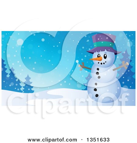 Clipart of a Cartoon Christmas Snowman with Open Arms over a Winter Landscape - Royalty Free Vector Illustration by visekart