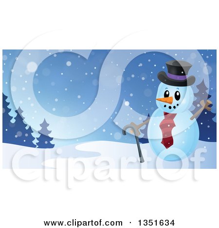 Clipart of a Cartoon Christmas Snowman Holding a Cane and Waving over a Winter Landscape - Royalty Free Vector Illustration by visekart