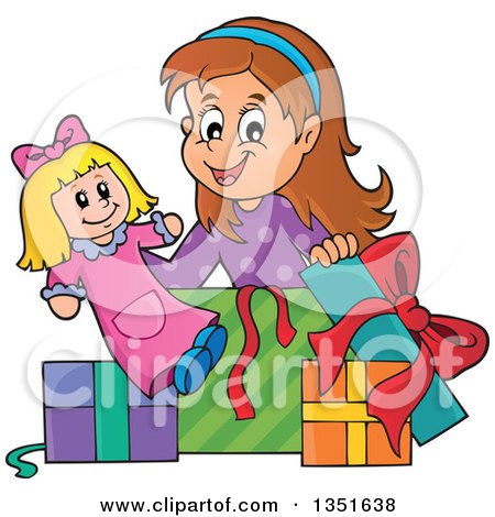 Clipart of a Cartoon Brunette Caucasian Girl Opening a Doll and Christmas or Birthday Gifts - Royalty Free Vector Illustration by visekart
