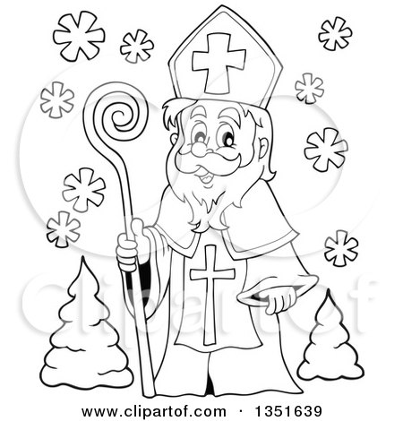 Clipart of a Black and White Cartoon Happy St Nicholas - Royalty Free Vector Illustration by visekart