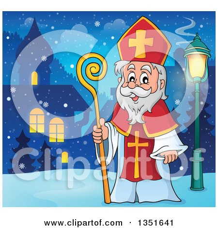 Clipart of a Cartoon Happy St Nicholas in a Winter Village at Night - Royalty Free Vector Illustration by visekart