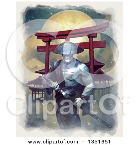 Clipart of a Painted Samurai Spirit Warrior Grasping His Kantana Against a Full Moon - Royalty Free Illustration by Tonis Pan