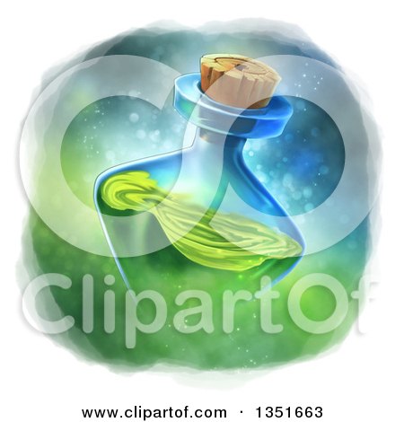 Clipart of a Potion Bottle with Green Liquid over a Painted Magic Background - Royalty Free Illustration by Tonis Pan