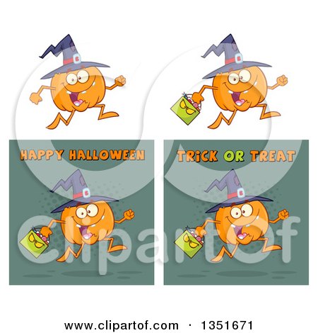 Clipart of Cartoon Halloween Pumpkin Character Wearing a Witch Hat, in Different Running Poses - Royalty Free Vector Illustration by Hit Toon