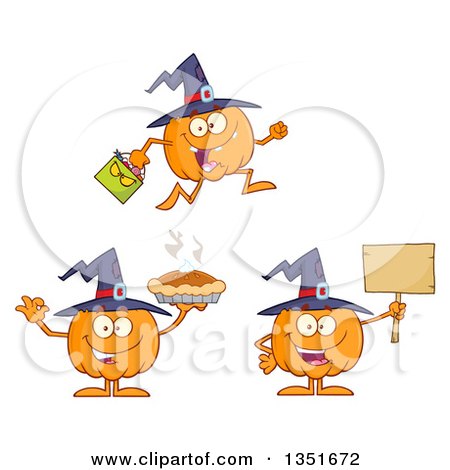 Clipart of Cartoon Halloween Pumpkin Character Wearing a Witch Hat, in Different Poses - Royalty Free Vector Illustration by Hit Toon